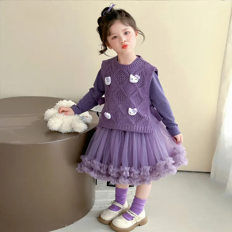 女童卡通动漫猫咪套装秋季毛衣马甲儿童洋气公主裙春秋女孩两件套