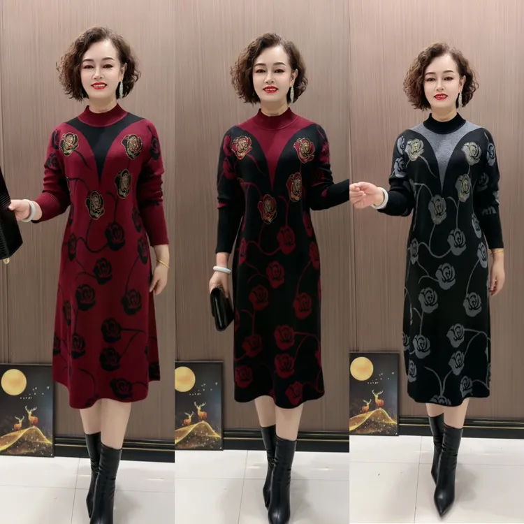 秋冬玫瑰花加厚中老年显瘦遮肉中长款针织连衣裙长袖