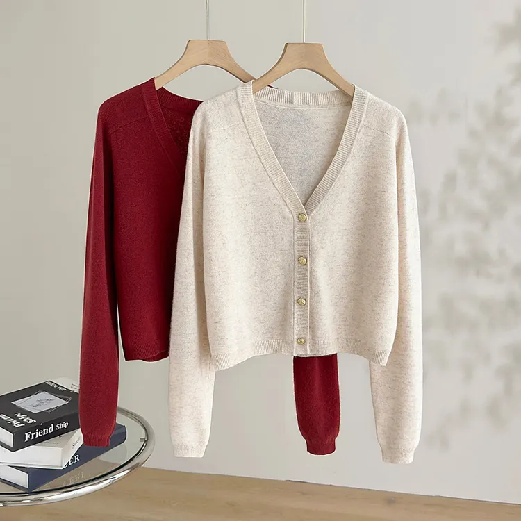 女装酒红色宽松百搭外套女秋季V领慵懒风基础百搭羊毛针织开衫