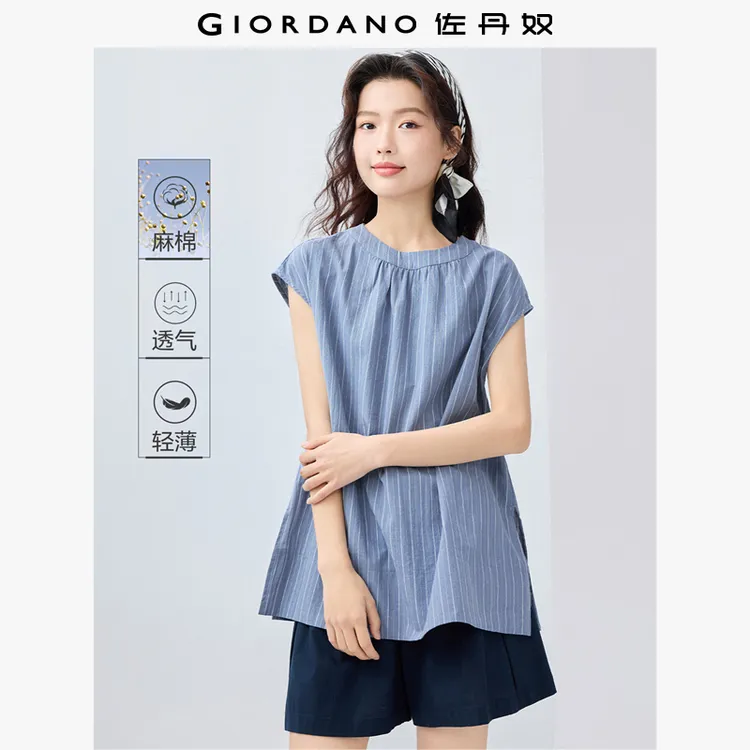 佐丹奴天然棉麻条纹衬衫女装夏季亚麻圆领连袖中长款衬衫13345313