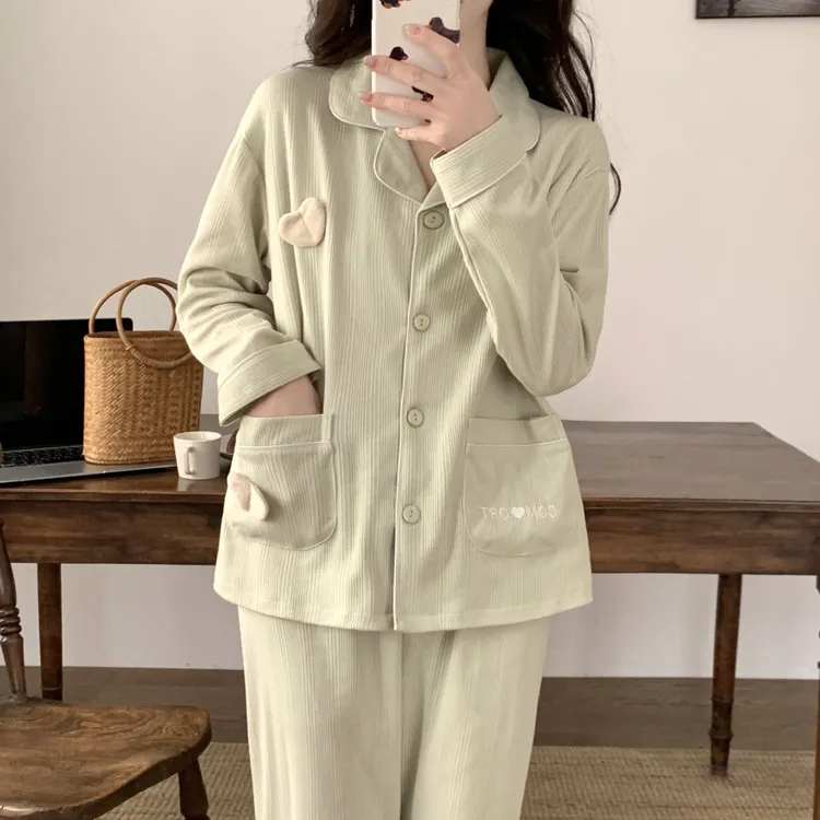 睡衣女春秋季新款针织棉长袖薄款甜美爱心少女可外穿家居服套装