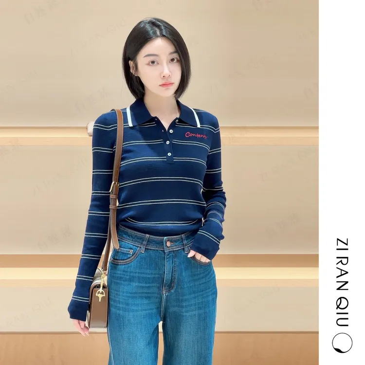 【自然秋】蓝白叙事  韩系复古条纹polo领针织衫百搭上衣