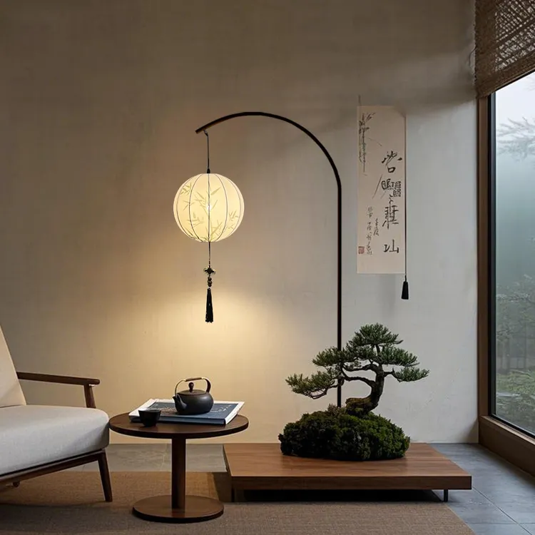 新中式复古侘寂落地灯茶室书房沙发边氛围灯布艺灯笼钓鱼落地灯