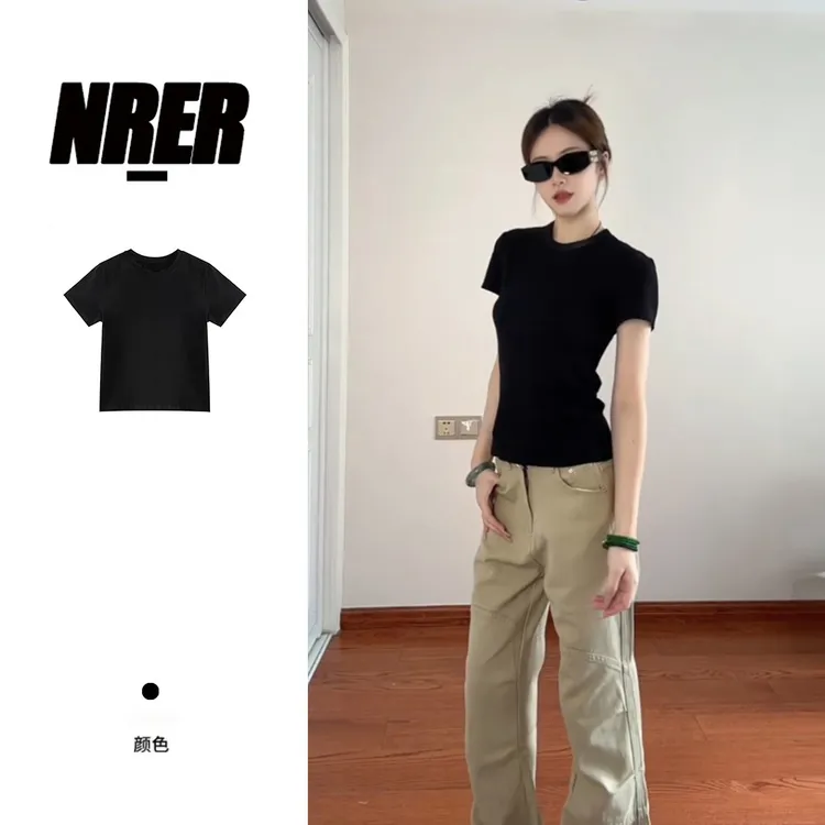 NRER「收腰修身款」韩系短袖t恤女圆领休闲黑色瘦身显瘦修身上衣女商品图