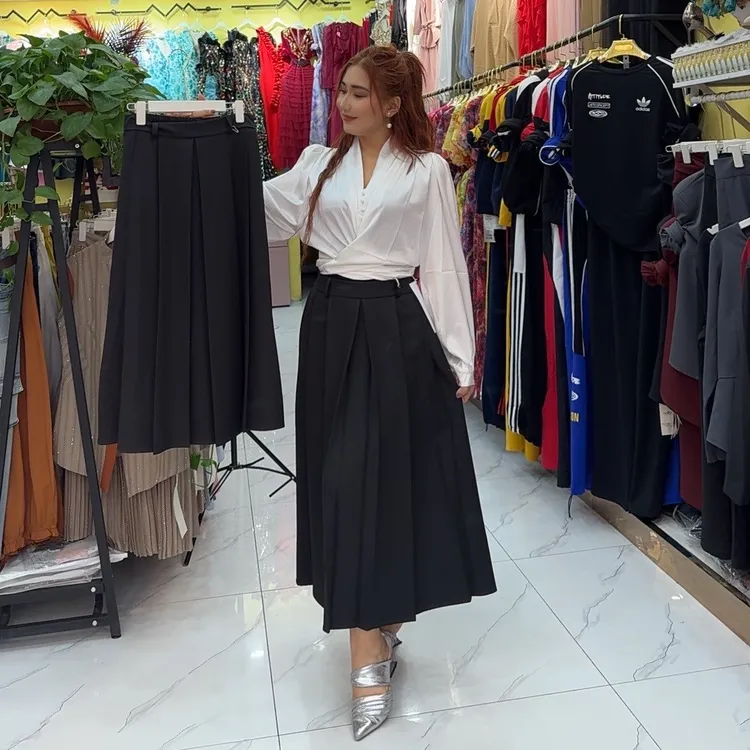 高腰压褶中长款百褶垂坠感A字半身裙春秋适用