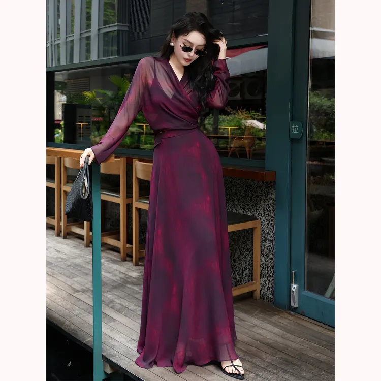 ZEROYK度假风套装2025夏季名媛气质乔其纱印花交叉衬衣半裙两件套