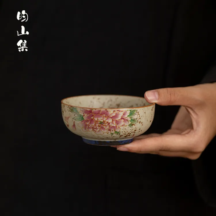 青花火石红牡丹普洱杯茶杯复古粗陶功夫茶具个人专用品茗杯主人杯