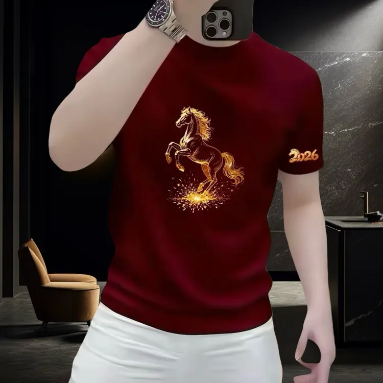 2026马年夏季新款纯棉印花男士红色高级感宽松休闲百搭短袖T恤