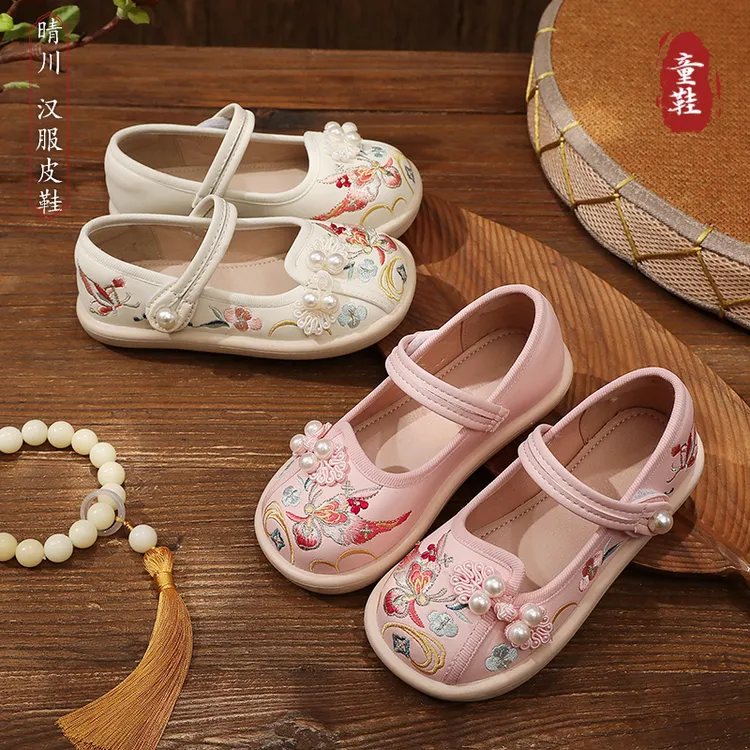 【晴川】汉服鞋子女童春秋新款中式国风古风古装儿童宝宝绣花皮鞋