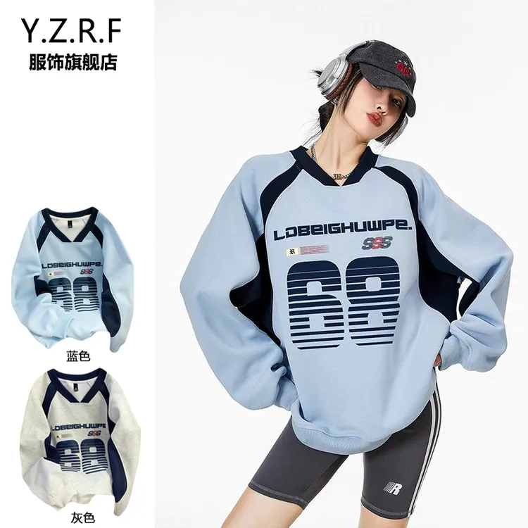 潮牌美式复古V领卫衣女春秋薄款宽松慵懒风无帽运动风设计感上衣