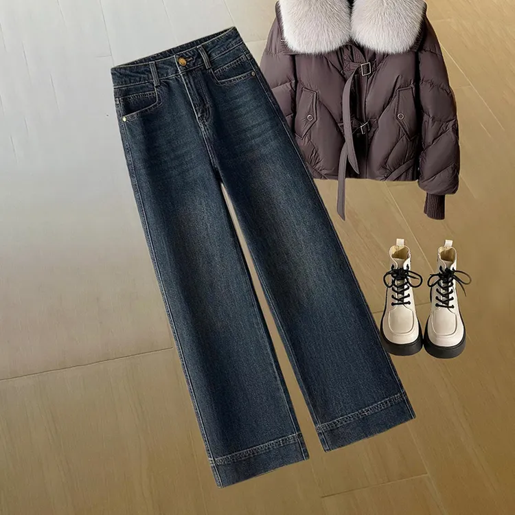 爆款九分直筒秋冬季加绒牛仔裤女款2025新款小个子高腰窄版阔腿裤