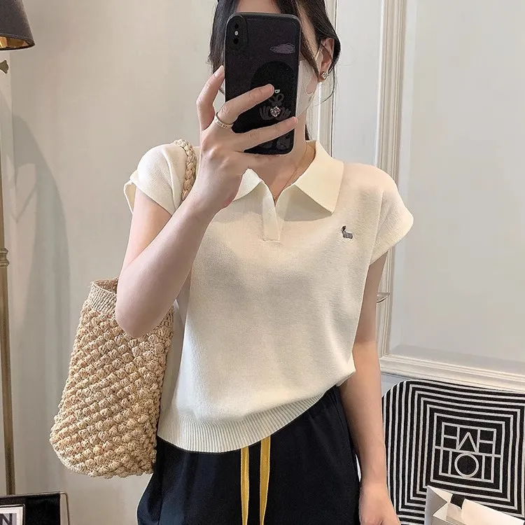 夏季设计感修身百搭时尚杏色显瘦Polo领针织短袖t恤女打底衫上衣