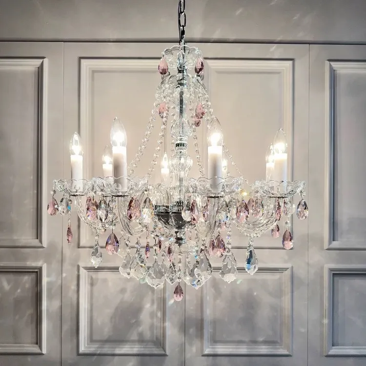 法式轻奢水晶吊灯新款客厅主灯餐厅吊灯高级感女孩房粉色卧室灯具