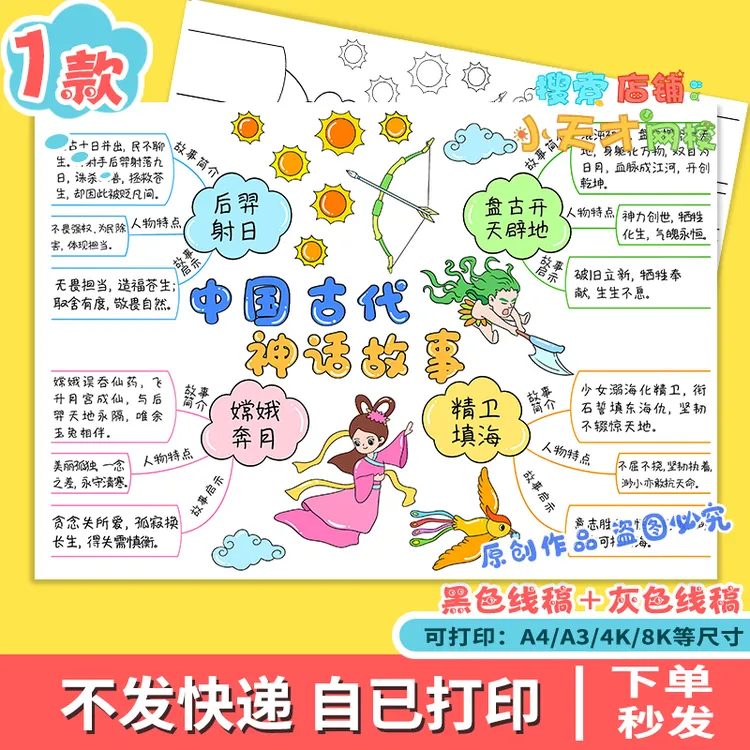 中国古代神话故事思维导图手抄报模板小学生神话传说思维导图f251