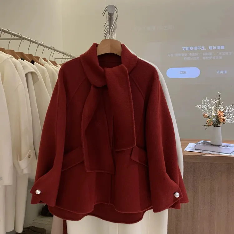 简单气质外套女韩版斗篷围巾款双面羊毛大衣女短款甜美圣诞红大衣