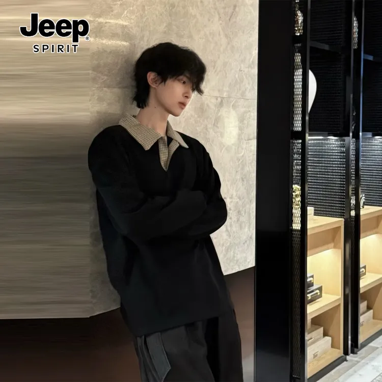 JEEPSPIRITcleanfit千鸟格翻领polo衫男秋美式高街正肩假两件卫衣