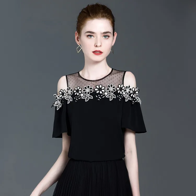 蕾丝上衣女夏季洋气小衫性感露肩网纱t恤女黑色高级感显瘦雪纺衫