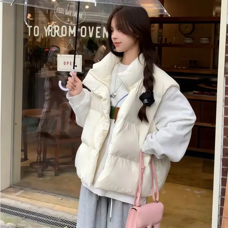 小个子学生保暖加厚白色马甲外套女秋冬季外穿棉服坎肩马夹