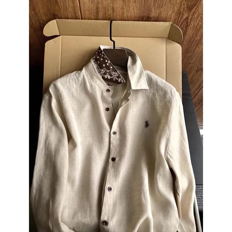 老钱风腰果花纹亚麻衬衫男长袖夏季轻薄透气凉感防晒衬衣男女外套