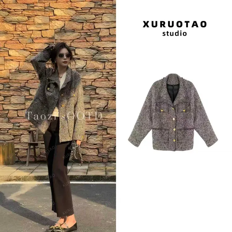 XURUOTAO【闪闪惹人爱】绵羊毛小香风亮片设计显瘦咖灰色外套 T5695