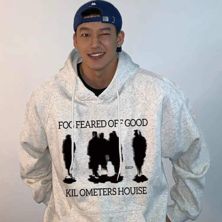 HIP潮牌美式人物剪影图案印花连帽卫衣花灰色秋冬季酷帅百搭上衣