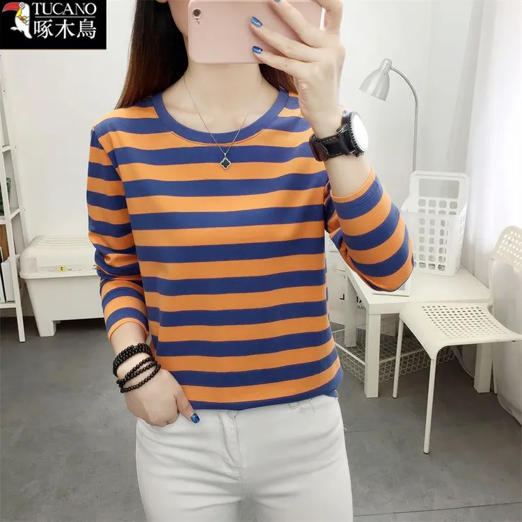 啄木鸟秋季长袖T恤拼接撞色2025新款大码显瘦条纹内搭圆领上衣女