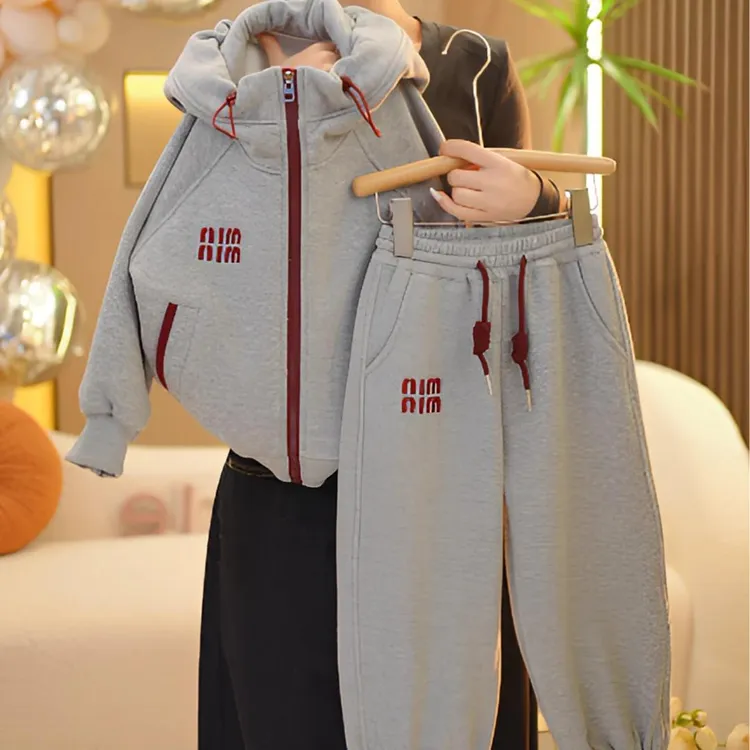 男女童春季新款秋款儿童时尚休闲洋气中大童灰色连帽套装两件套潮