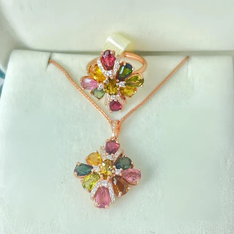 碧玺吊坠戒指组合925银晶体干净火彩艳丽高级感满满主石尺寸4*6mm