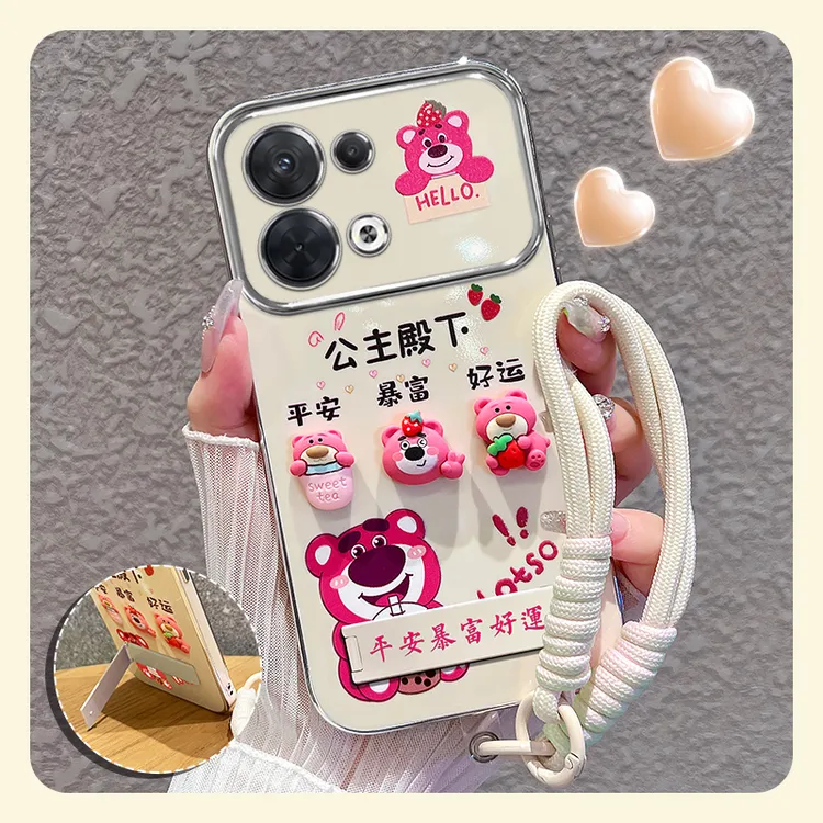 适用opporeno8手机壳reno8pro粉色草莓熊大视窗+硅胶防摔女款可爱