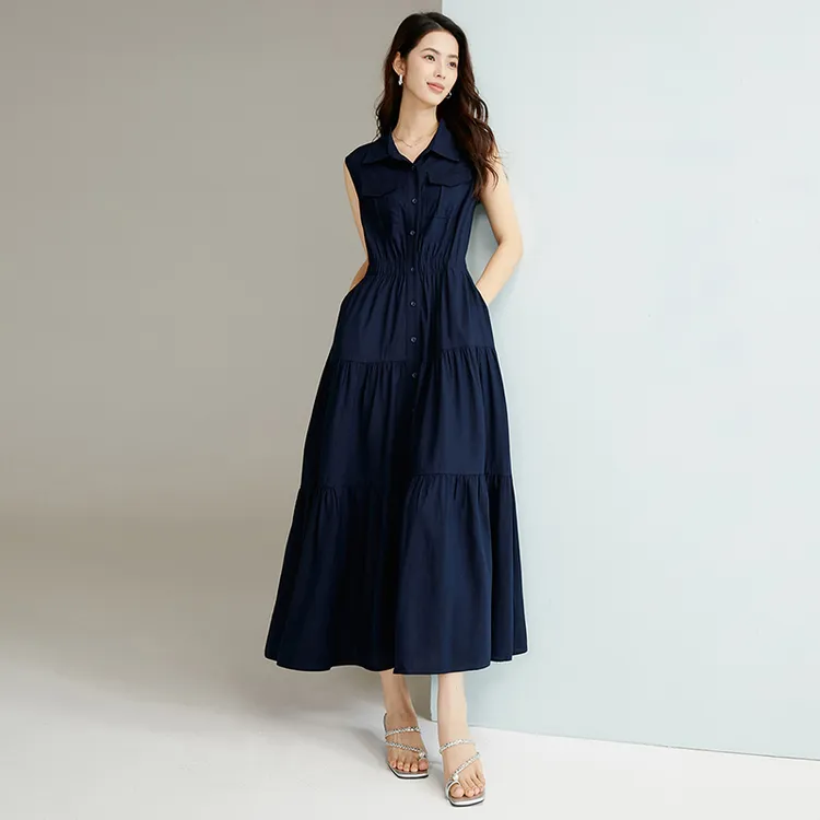 晚白【新品】2025夏裙子显瘦行政蓝高级感苎麻无袖连衣裙25032635