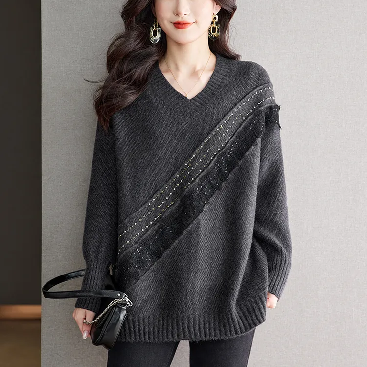 毛衣女设计感小众高级感200斤胖mm上衣中长款宽松遮肚子打底衫V领