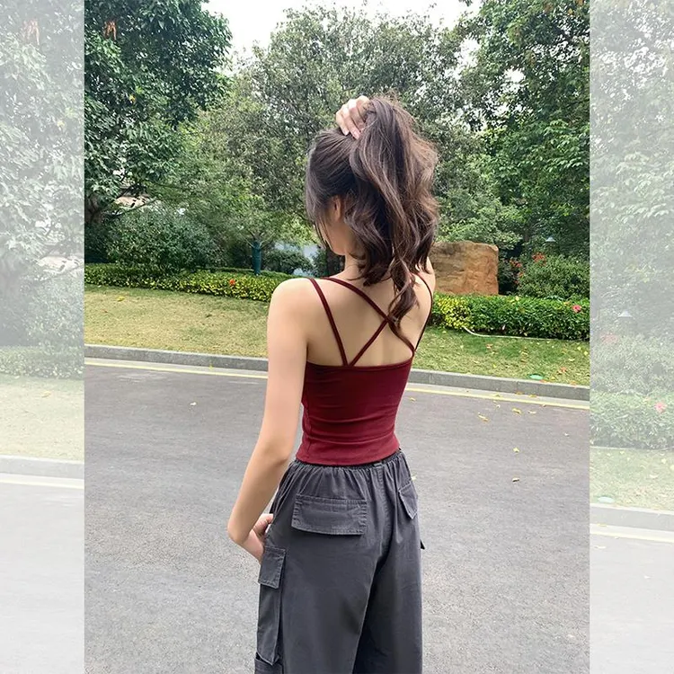 红色打底背心吊带女显白交叉露背修身辣妹上衣2025夏季新款
