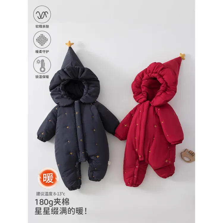 婴儿满天星连体衣秋冬季宝宝衣服夹棉保暖加厚棉服外出爬爬服洋气