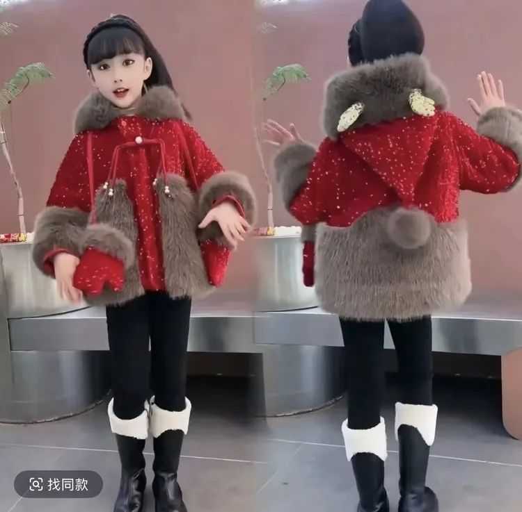【拜年服送手套加绒加厚】女童毛毛外套2025新款女宝宝加绒加厚外套
