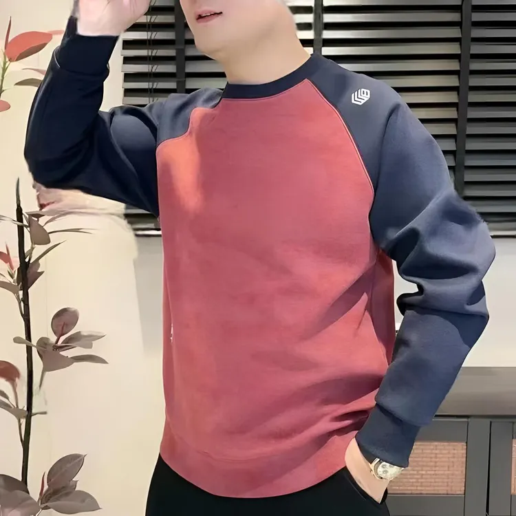 秋季新款插肩袖拼接撞色圆领卫衣男时尚百搭宽松情侣长袖打底上衣