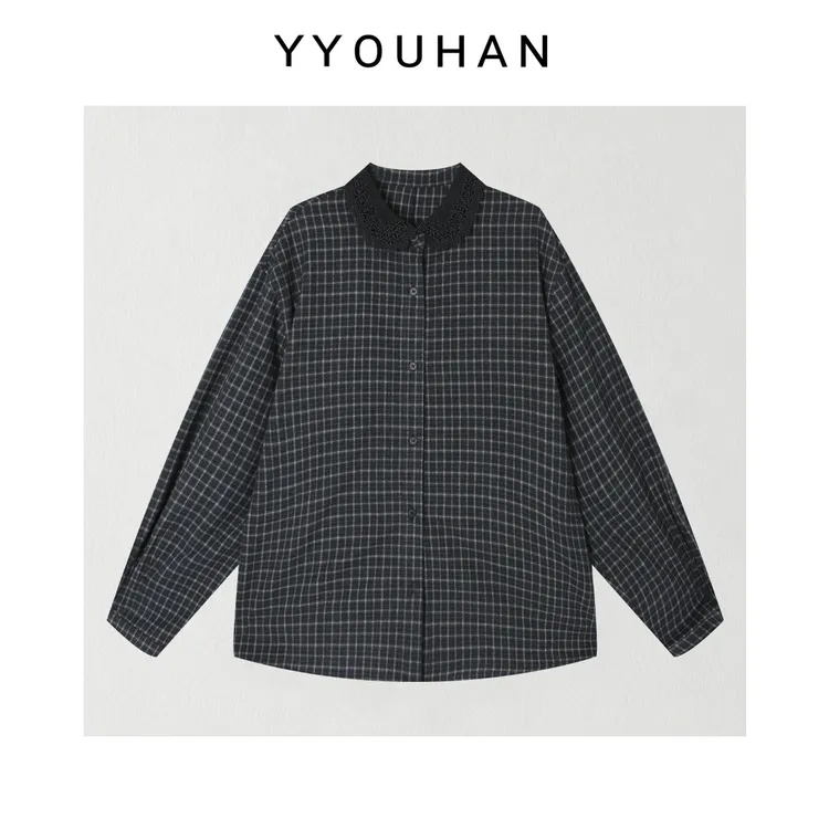 月月 小众设计极简显瘦百搭镂空翻领格纹衬衫经典外套 2512C9178