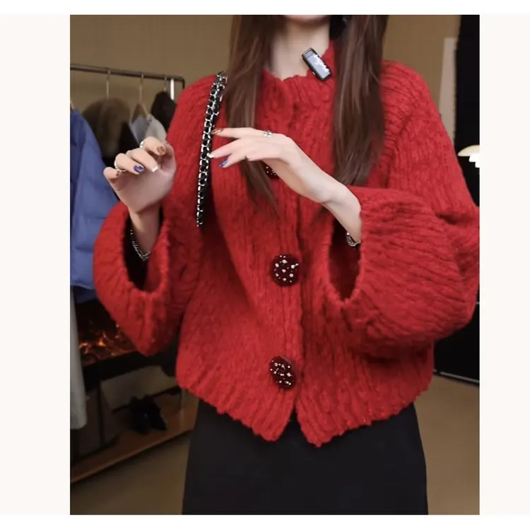 【红绯酒心】高奢招财红色绞花软糯经典老钱开衫针织衫时尚加厚毛衣