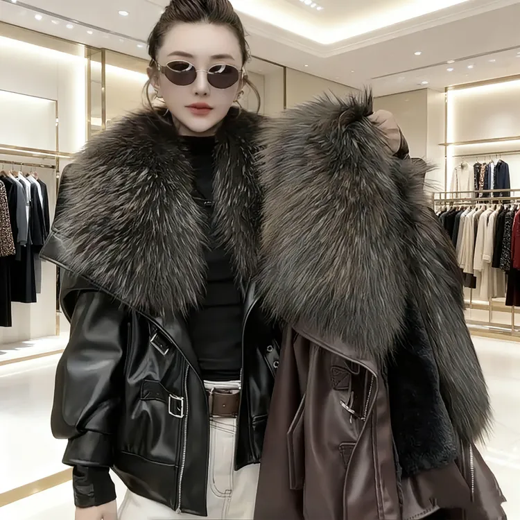 毛领女慵懒风休闲风冬季短外套宽松型厚款可拆卸P0389黑色