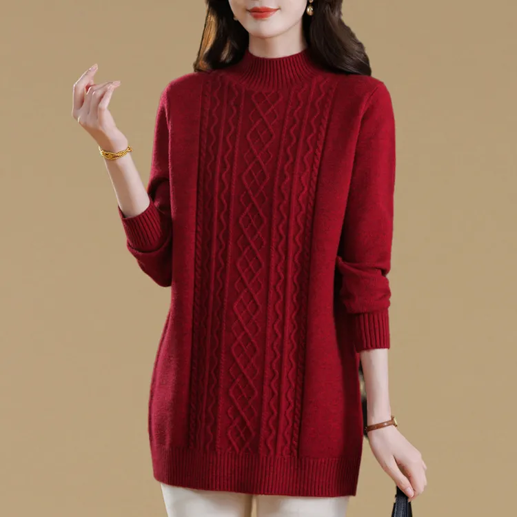 秋冬时尚减龄半高领加厚毛衣裙女中长款宽松显瘦针织打底衫洋气潮