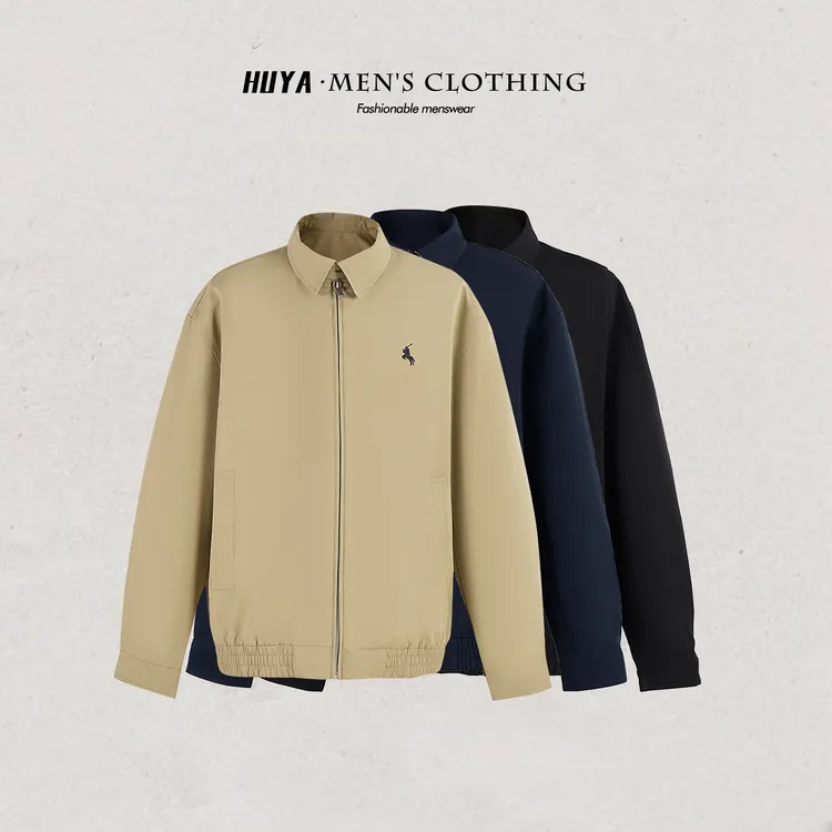 虎牙兄弟秋季哈灵顿龟背户外商务休闲防风翻领刺绣夹克男士D88086