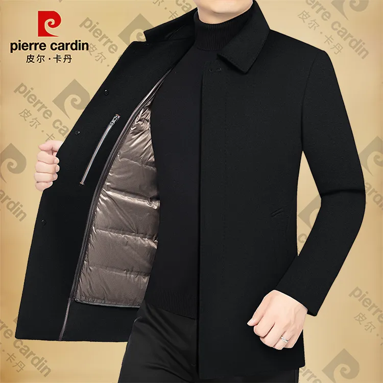 皮尔卡丹男士冬季加厚可脱卸内胆毛呢大衣羽绒服男装外套上衣中年