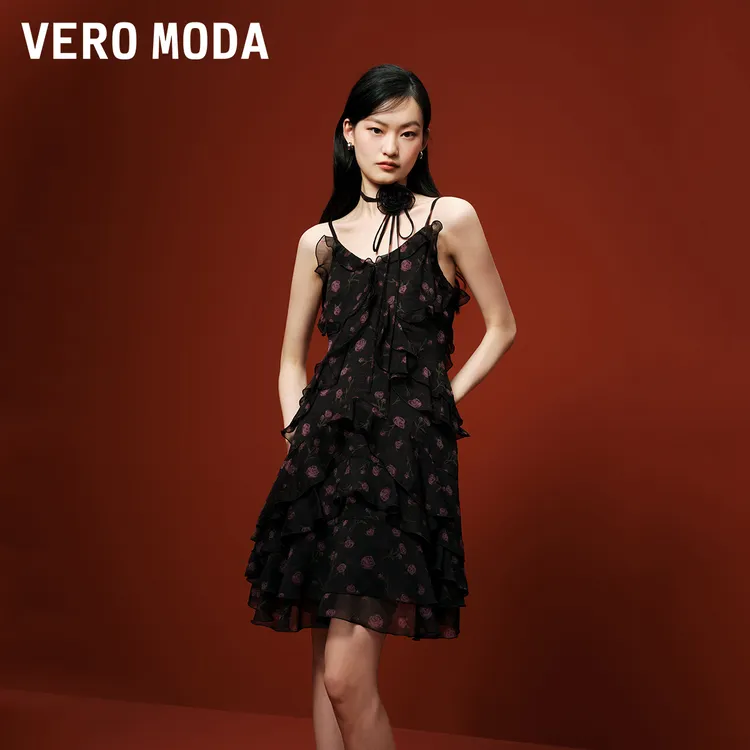 Vero Moda连衣裙2025秋季新款荷叶边系带印花碎花吊带裙32537A013