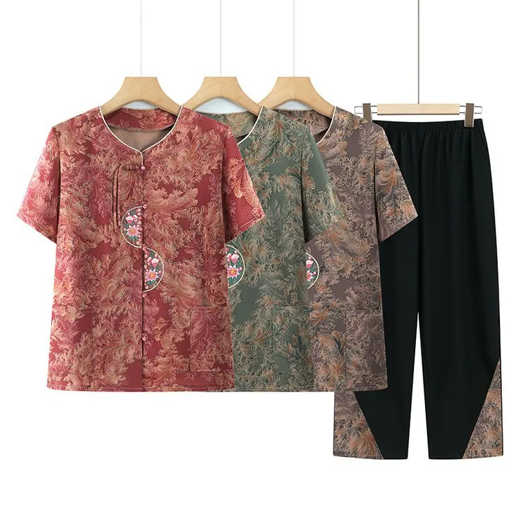 老太太夏季短袖棉绸套装奶奶居家两件套妈妈套头薄款中老年人女装