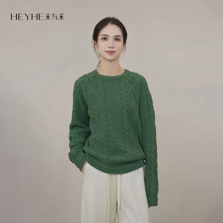 小禾【圣诞屋】100绵羊毛阿兰绞花罗纹袖口节日加厚女遮肉圆领毛衣