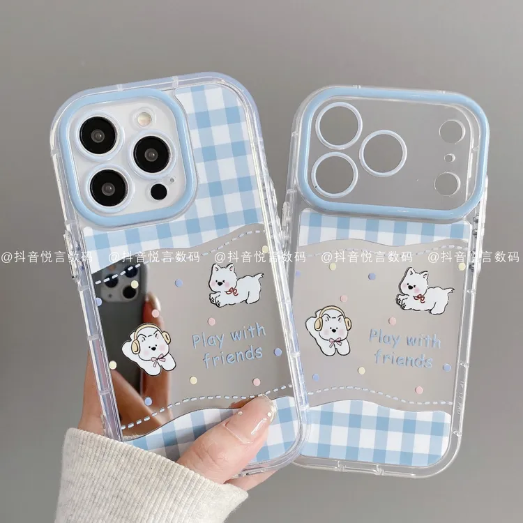 镜面奶油壳适用iphone17promax苹果16手机壳15/14/13/12华为蓝格