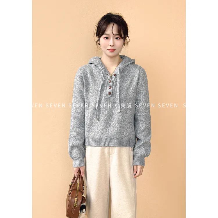 ⑦七七146小个子冬季加厚韩系花纱连帽毛衣女显白套头针织衫小美说