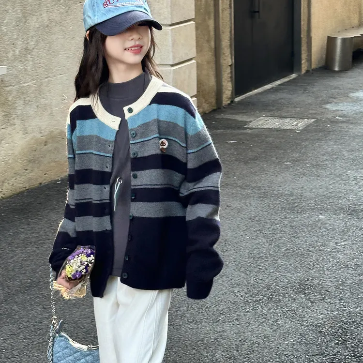 女童毛衣秋冬2025新款儿童洋气条纹中大童8-15岁女童针织衫外套潮