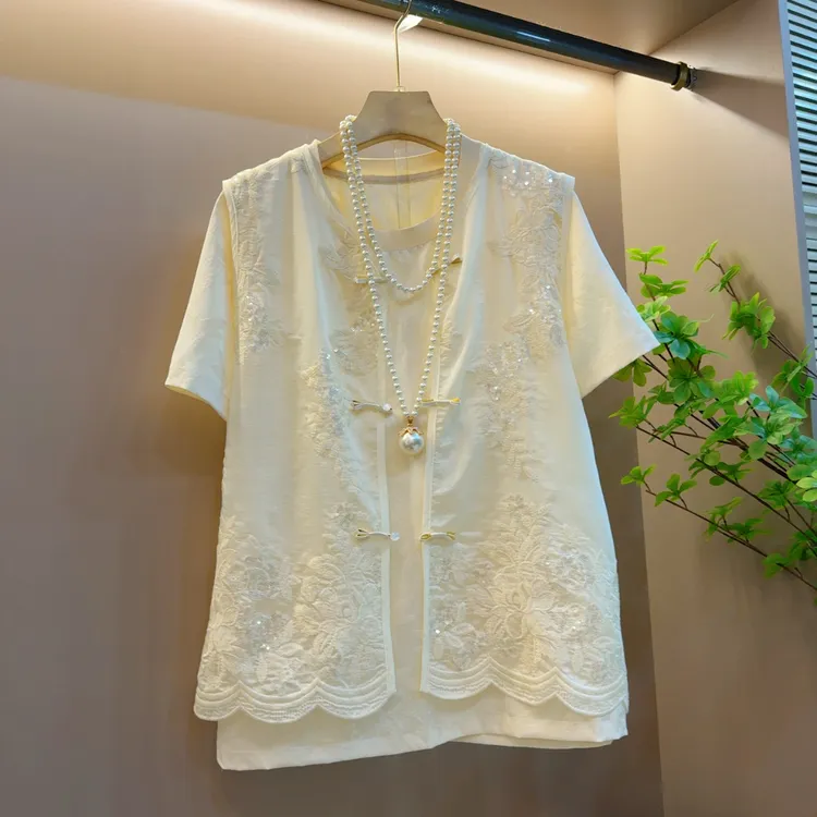 时尚新款百搭新中式复古国风百搭民族风重工马甲上衣两件套