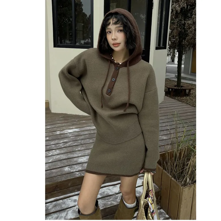极简慵懒风时尚套装短裙针织卫衣短款显瘦连帽套装秋季拼色两件套