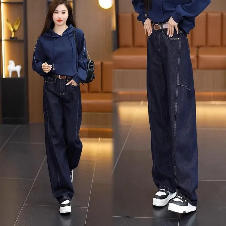 大码高腰阔腿牛仔裤子女秋冬新款胖mm显瘦弯刀裤宽